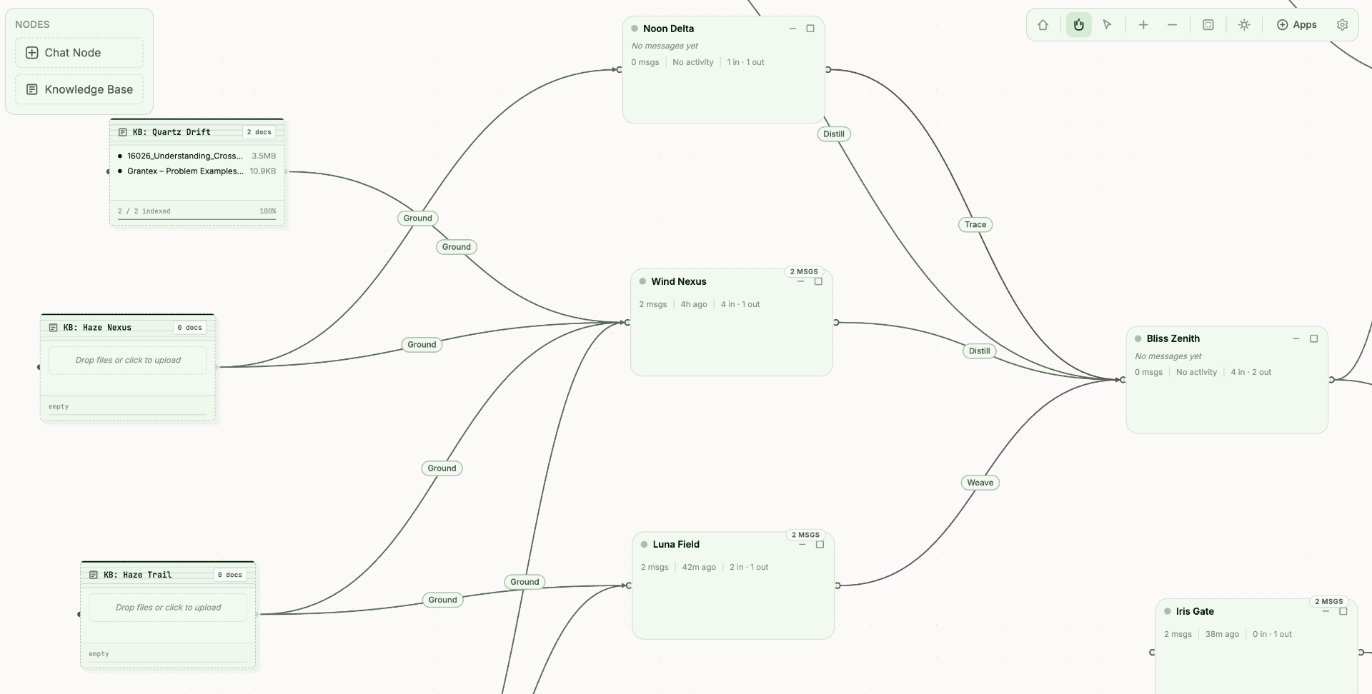 The Speedsheets workspace: chat nodes and knowledge base nodes connected on an infinite canvas.